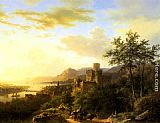 Extensive Canvas Paintings - Travellers on a Path in an extensive Rhineland Landscape